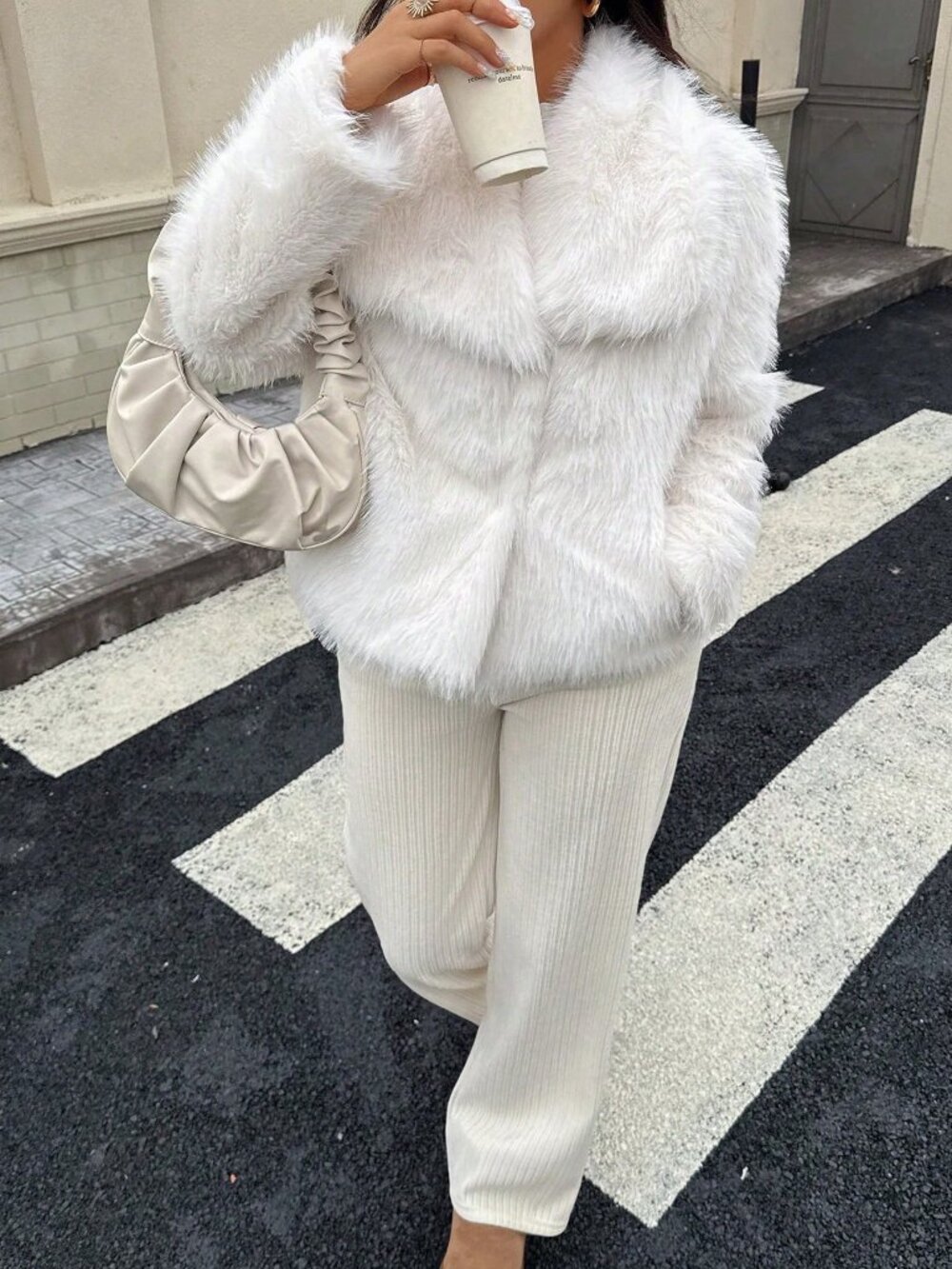 Pure White Casual Women's Loose Fuzzy Zip Pocket Mid-Length Fur Coat - Picture 2 of 8